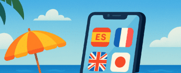 Digital illustration af en strandscene med mobiltelefon, strandstol og bøger – symboliserer afslappet sprogtræning på stranden i sommerferien.