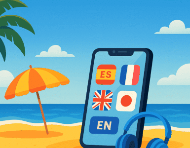 Digital illustration af en strandscene med mobiltelefon, strandstol og bøger – symboliserer afslappet sprogtræning på stranden i sommerferien.