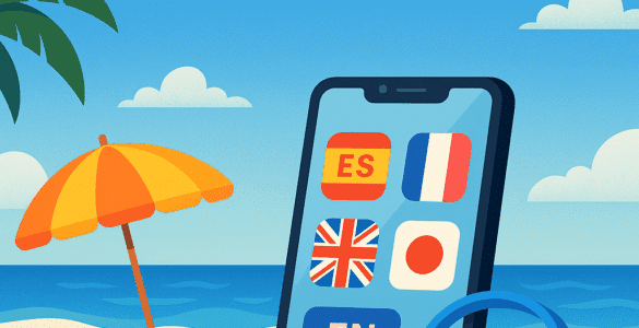 Digital illustration af en strandscene med mobiltelefon, strandstol og bøger – symboliserer afslappet sprogtræning på stranden i sommerferien.