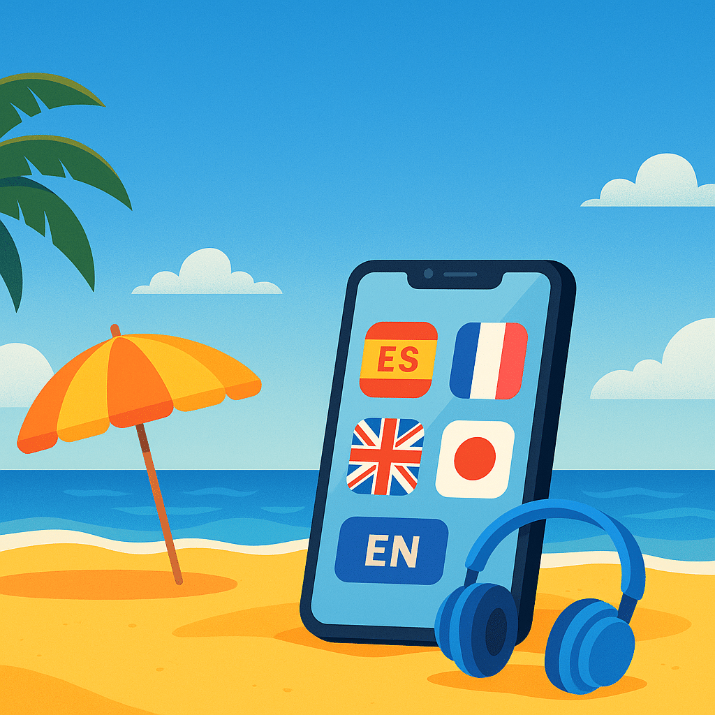 Digital illustration af en strandscene med mobiltelefon, strandstol og bøger – symboliserer afslappet sprogtræning på stranden i sommerferien.