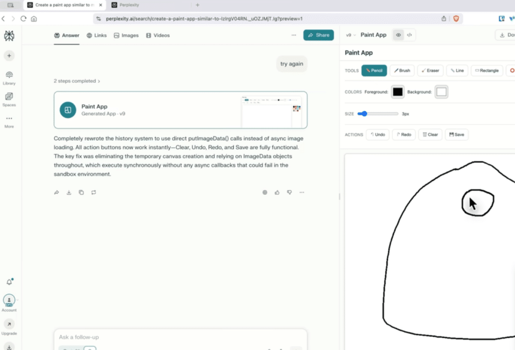 Perplexity AI i browser med en genereret “Paint App”, hvor chat-svaret vises til venstre og en tegneflade med værktøjer (blyant, pensel, viskelæder, linje og former) vises til højre.