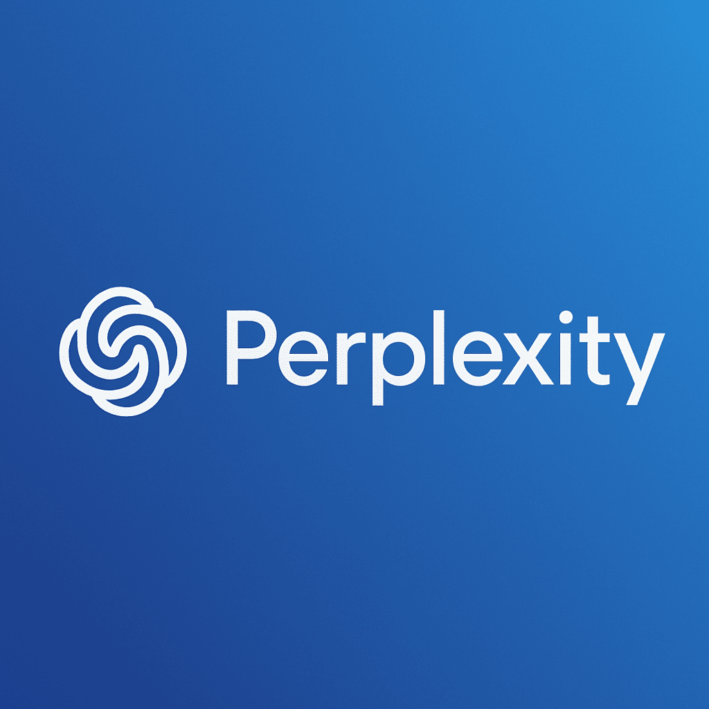 Perplexity-logo på blå baggrund med glidende gradient fra mørk til lys blå. Logoet består af et hvidt, abstrakt, snoet symbol efterfulgt af teksten "Perplexity" i moderne sans-serif skrifttype.