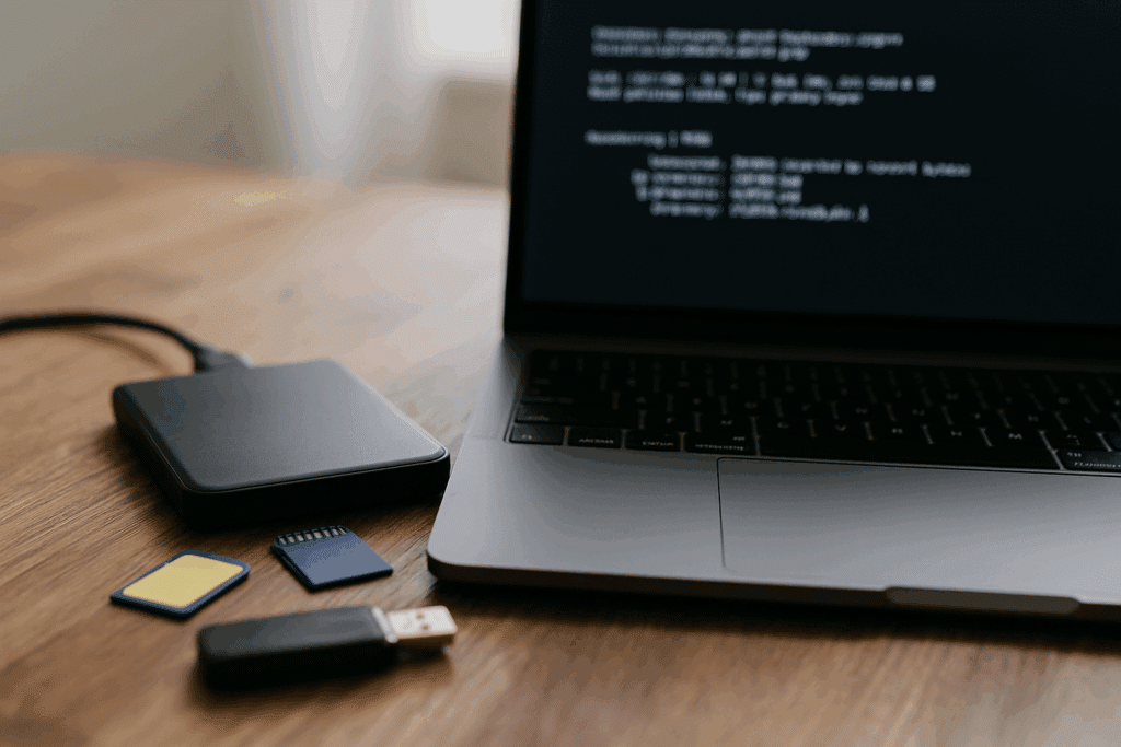 Ekstern harddisk, SD-kort og USB-nøgle på træbord ved siden af bærbar computer med terminalvindue åbent – datagendannelse i gang.