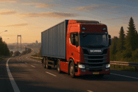 En rød Scania-lastbil med blå container kører på motorvej ved solnedgang med en hængebro og by i baggrunden.