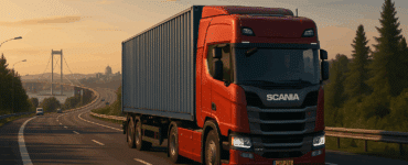 En rød Scania-lastbil med blå container kører på motorvej ved solnedgang med en hængebro og by i baggrunden.