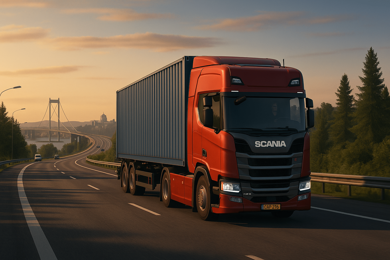 En röd Scania-lastbil med blå container kör på motorväg vid solnedgång med en hängbro och en stad i bakgrunden.