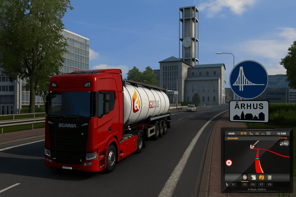 En rød Scania-lastbil med tanktrailer kører ind i Aarhus i et trucksimulatorspil, med Aarhus Rådhus og et byskilt tydeligt synligt i baggrunden samt GPS-display i hjørnet.