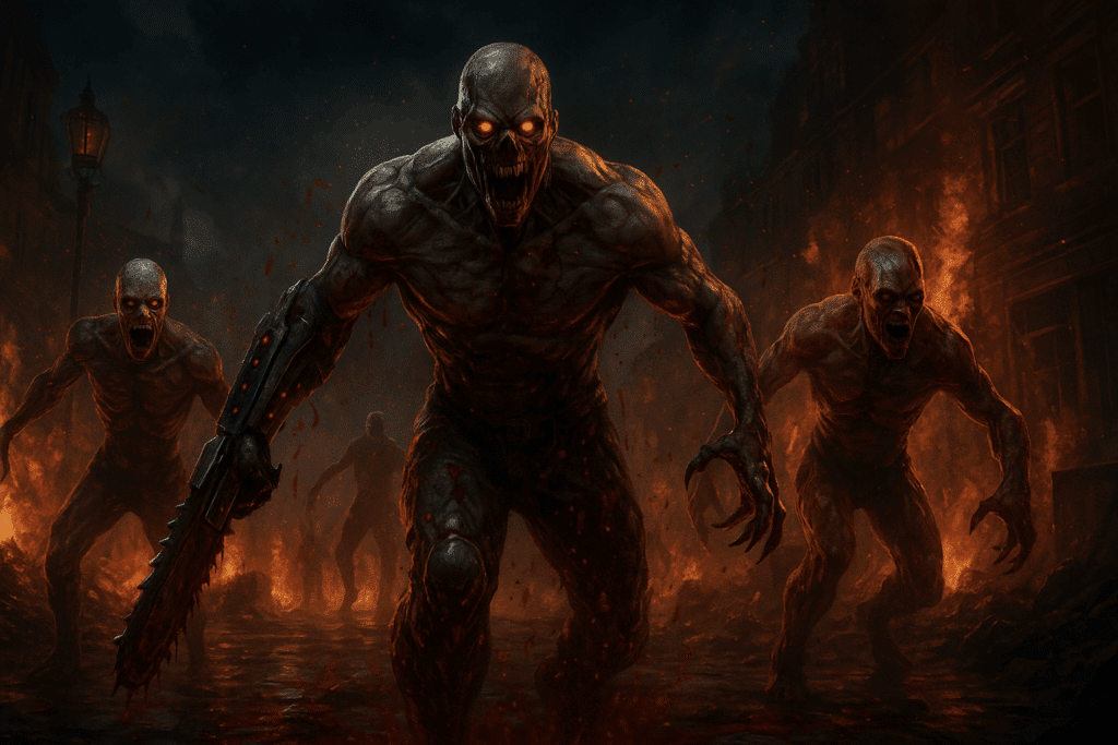 En digital illustration fra et horror-videospil, der viser en mørk, forladt militærbase med truende røde lys og en bevæbnet karakter, der gør sig klar til kamp mod mutanter i skyggerne – stemningen er intens og skræmmende, som i Killing Floor 3.