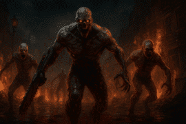 En digital illustration fra et horror-videospil, der viser en mørk, forladt militærbase med truende røde lys og en bevæbnet karakter, der gør sig klar til kamp mod mutanter i skyggerne – stemningen er intens og skræmmende, som i Killing Floor 3.