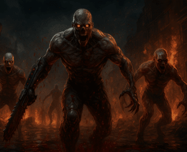 En digital illustration fra et horror-videospil, der viser en mørk, forladt militærbase med truende røde lys og en bevæbnet karakter, der gør sig klar til kamp mod mutanter i skyggerne – stemningen er intens og skræmmende, som i Killing Floor 3.
