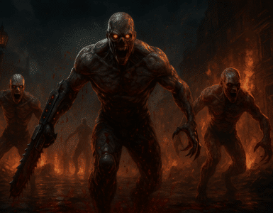 En digital illustration fra et horror-videospil, der viser en mørk, forladt militærbase med truende røde lys og en bevæbnet karakter, der gør sig klar til kamp mod mutanter i skyggerne – stemningen er intens og skræmmende, som i Killing Floor 3.