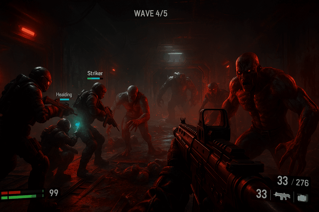 Et in-game screenshot fra Killing Floor 3, der viser en spiller i førstepersonsperspektiv affyre et våben mod groteske monstre i en mørk og dyster industrihal. Atmosfæren er intens med mørke farver, blodige effekter og horrorstemning.