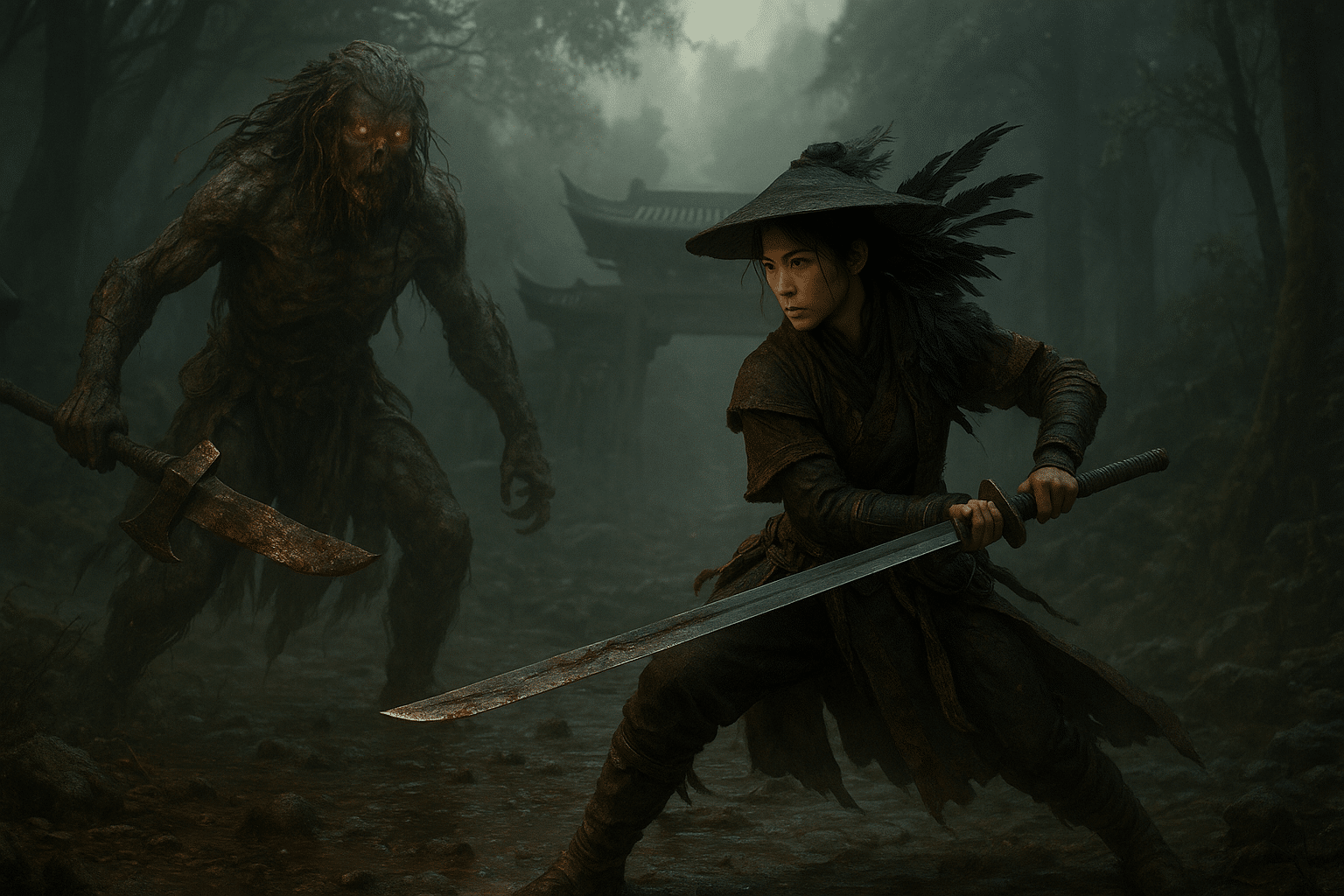 Kvinnlig krigare i mörk rustning med bredhatt står redo för strid mot en demonisk varelse i en dimmig, övervuxen skog med gamla kinesiska tempelruiner i bakgrunden.
