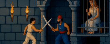 Pixel-art scene fra det originale Prince of Persia (1989), hvor prinsen kæmper mod en vagt i en mørk fangehule, mens prinsessen ses ventende i baggrunden.