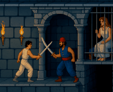 Pixel-art scene fra det originale Prince of Persia (1989), hvor prinsen kæmper mod en vagt i en mørk fangehule, mens prinsessen ses ventende i baggrunden.