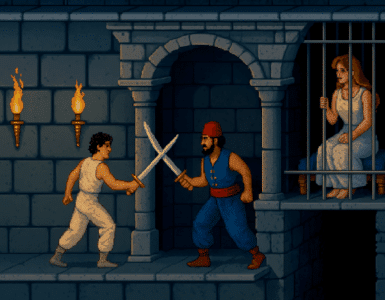 Pixel-art scene fra det originale Prince of Persia (1989), hvor prinsen kæmper mod en vagt i en mørk fangehule, mens prinsessen ses ventende i baggrunden.