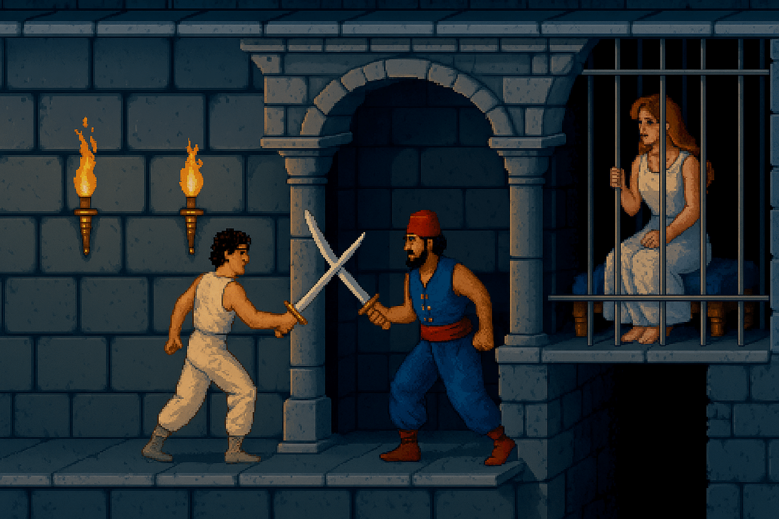 Pixelart-Szene aus dem originalen Prince of Persia (1989), in der der Prinz in einem dunklen Verlies gegen einen Wachmann kämpft, während die Prinzessin wartend im Hintergrund zu sehen ist.
