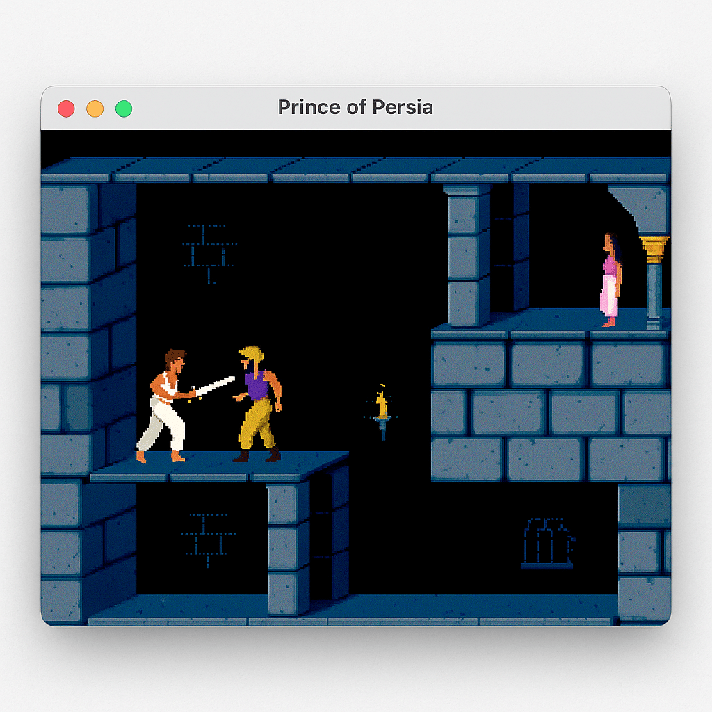 Prince of Persia (1989) spelfönster med pixelgrafik där prinsen kämpar mot en vakt i en fängelsehåla medan prinsessan står i bakgrunden. Visas som en skärmdump i Mac-stil.