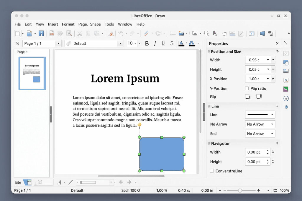 Skærmbillede af LibreOffice Draw, hvor en figur indsættes i en PDF-fil – viser brugen af tegneværktøjet til redigering.