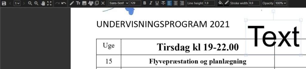 Her ses redigering/tilføjelse af tekst i et PDF-dokument direkte i browseren vha. den gratis service, PDF24.