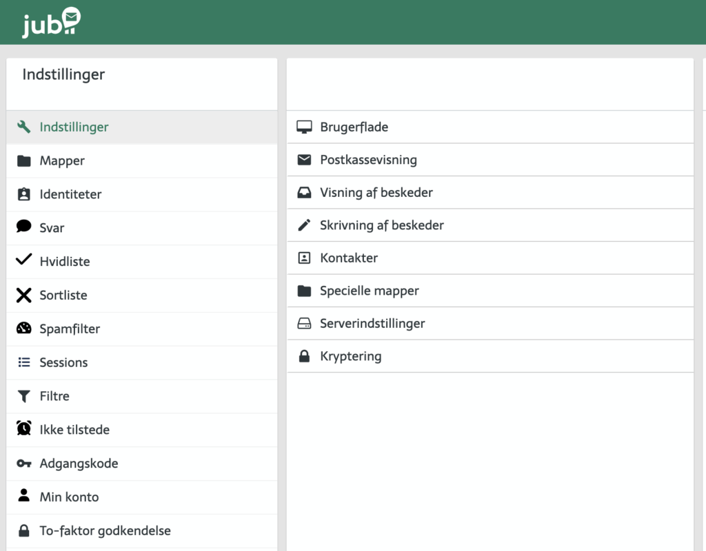 Mögliche Einstellungen und Funktionen in Jubii Mail.