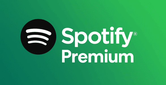 Spotify Premium-logo på grøn baggrund med hvid tekst og lydikon, der illustrerer streamingtjenestens branding.
