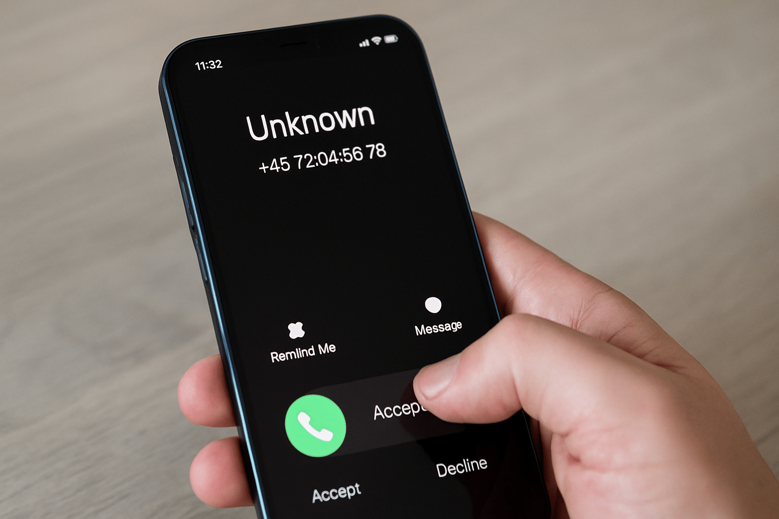 Eine Hand hält ein Smartphone, das einen eingehenden Anruf von einer unbekannten Nummer mit dem Text „Unknown“ und einer dänischen Telefonnummer zeigt, bereit zum Annehmen oder Ablehnen.