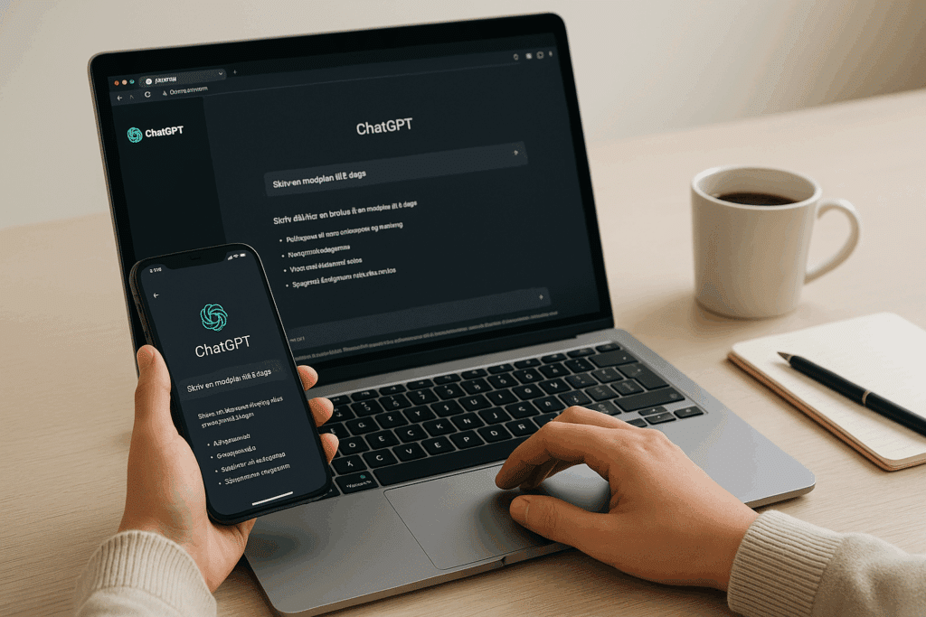 En person bruger ChatGPT på både en bærbar computer og en smartphone ved et lyst skrivebord med kaffekop og notesbog – begge enheder viser en dansk forespørgsel om madplan i ChatGPT’s mørke brugerflade.