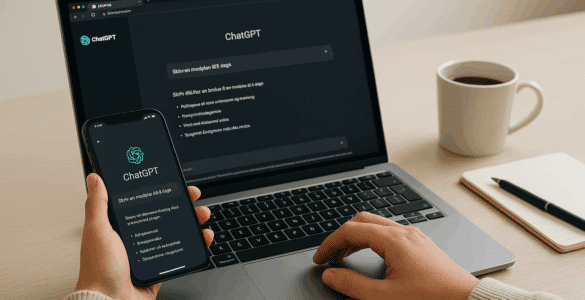 En person bruger ChatGPT på både en bærbar computer og en smartphone ved et lyst skrivebord med kaffekop og notesbog – begge enheder viser en dansk forespørgsel om madplan i ChatGPT’s mørke brugerflade.