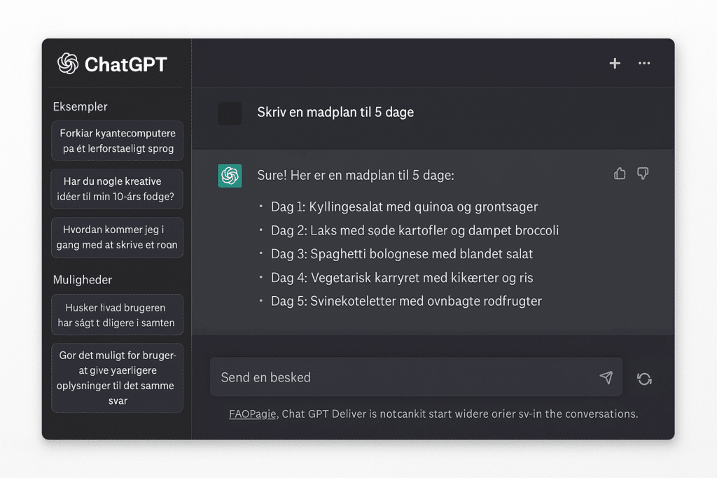 Hvordan bruger man ChatGPT: Skærmbillede af ChatGPT-brugerfladen, hvor en bruger har indtastet et spørgsmål i tekstfeltet, og ChatGPT har genereret et svar. Grænsefladen viser en samtalevisning med mulighed for at sende nye beskeder nederst.