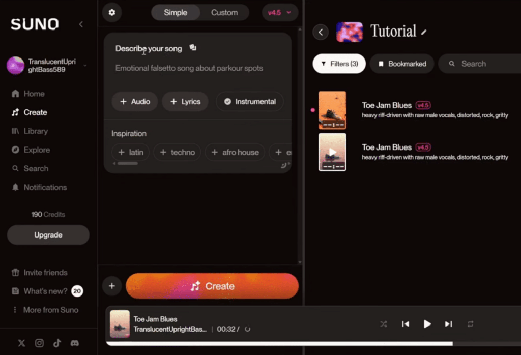 Suno AI music generator in dark theme with the Create screen, the ‘Describe your song’ prompt field, the ‘Create’ button, and a library of generated tracks during our test.