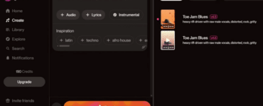 Suno AI musikgenerator i mørkt tema med “Create”-skærm, promptfeltet “Describe your song”, knappen “Create” og biblioteksliste med genererede numre under vores test.