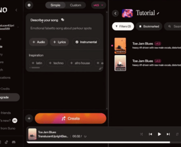 Suno AI musikgenerator i mørkt tema med “Create”-skærm, promptfeltet “Describe your song”, knappen “Create” og biblioteksliste med genererede numre under vores test.