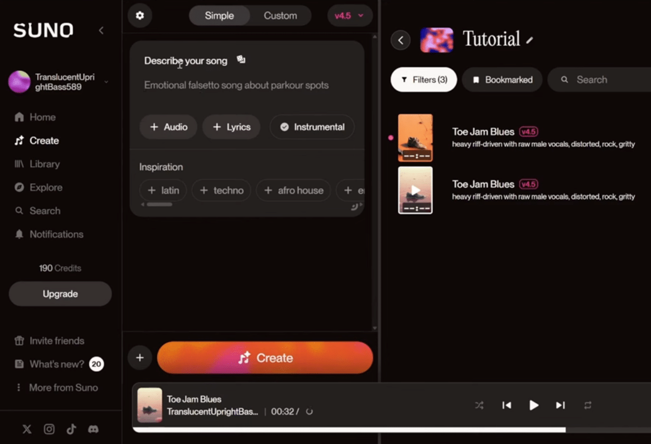 Suno AI music generator in dark theme with the “Create” screen, the “Describe your song” prompt field, the “Create” button, and a library list of generated tracks from our test.