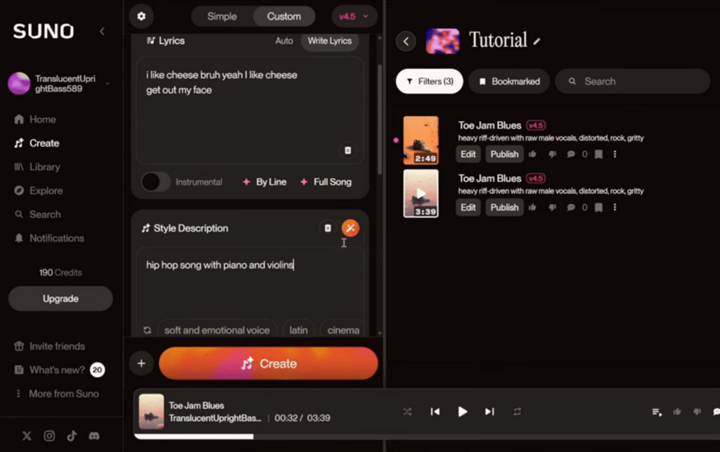 Suno AI in dark theme where we test ‘Write Lyrics’ and ‘Style Description’, while the library shows generated songs with ‘Edit’ and ‘Publish’ on the right.