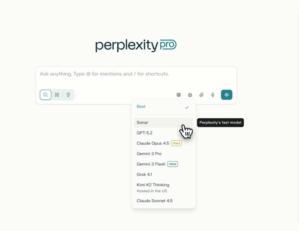 Perplexity Pro i browser med modelvælger, hvor du kan skifte mellem Sonar, GPT-5.2, Claude og Gemini.