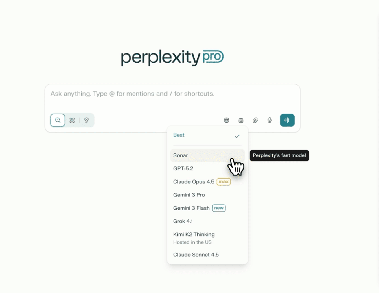Perplexity Pro in the browser with a model selector where you can switch between Sonar, GPT-5.2, Claude, and Gemini.