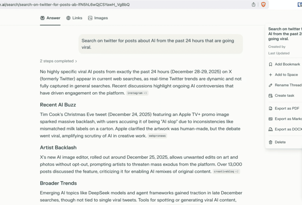 Perplexity AI viser et svar på en søgning efter virale AI-opslag på X/Twitter fra de seneste 24 timer, med faner for Answer, Links og Images samt en oversigt over “Recent AI Buzz”.