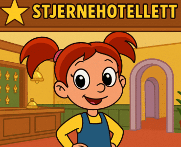 Tegnet illustration af Pixeline med rødt hår i rottehaler, iført gul bluse og blå kjole, stående smilende i en hotelreception med et skilt, hvor der står "Stjernehotellet" – farverig og børnevenlig stil.