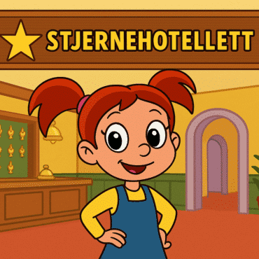 Tegnet illustration af Pixeline med rødt hår i rottehaler, iført gul bluse og blå kjole, stående smilende i en hotelreception med et skilt, hvor der står "Stjernehotellet" – farverig og børnevenlig stil.
