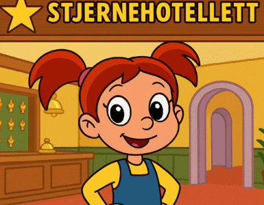 Tegnet illustration af Pixeline med rødt hår i rottehaler, iført gul bluse og blå kjole, stående smilende i en hotelreception med et skilt, hvor der står "Stjernehotellet" – farverig og børnevenlig stil.