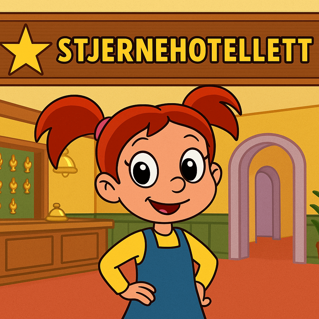 Tegnet illustrasjon av Pixeline med rødt hår i musefletter, iført gul bluse og blå kjole, smilende i en hotellresepsjon med et skilt der det står "Stjernehotellet" – fargerik og barnevennlig stil.