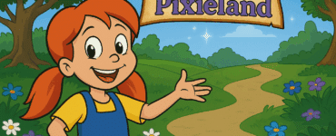 Tegnet illustration af Pixeline med rødt hår i rottehaler, iført gul bluse og blå kjole, smilende og pegende mod en snoet sti i en farverig eventyrskov med blomster og et skilt med teksten "Magi i Pixieland".