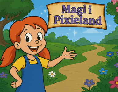 Tegnet illustration af Pixeline med rødt hår i rottehaler, iført gul bluse og blå kjole, smilende og pegende mod en snoet sti i en farverig eventyrskov med blomster og et skilt med teksten "Magi i Pixieland".