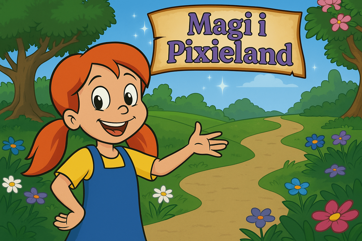 Tegnet illustrasjon av Pixeline med rødt hår i musefletter, iført gul bluse og blå kjole, smilende og pekende mot en svingete sti i en fargerik eventyrskog med blomster og et skilt med teksten "Magi i Pixieland".