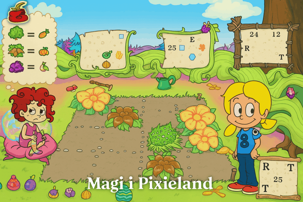 Farverigt screenshot-lignende billede fra Pixeline: Magi i Pixieland med Pixeline til højre, en rødhåret alf til venstre og blomster i midten. Magiske brætspil og opgaver vises i baggrunden med grønne slyngplanter og farverige frugter.