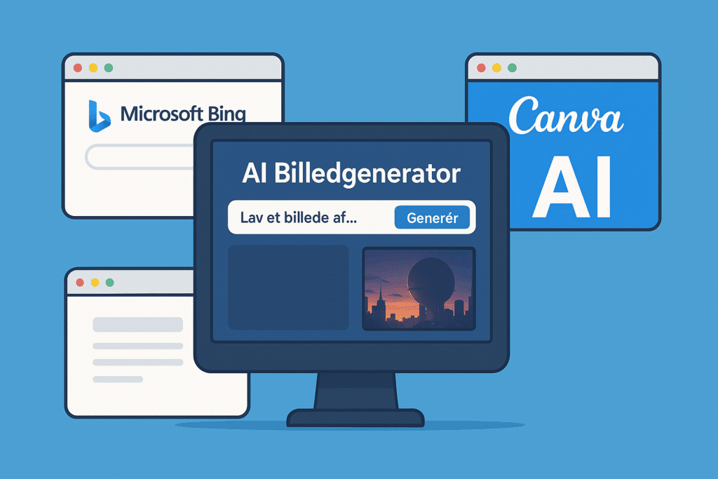 Illustration af en computerskærm med en AI billedgenerator og browserfaner for Microsoft Bing og Canva AI, der symboliserer værktøjer til at lave AI-genererede billeder.