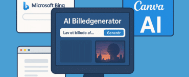 Illustration af en computerskærm med en AI billedgenerator og browserfaner for Microsoft Bing og Canva AI, der symboliserer værktøjer til at lave AI-genererede billeder.