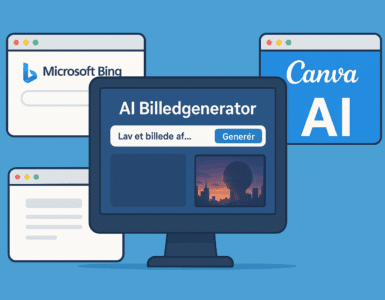 Illustration af en computerskærm med en AI billedgenerator og browserfaner for Microsoft Bing og Canva AI, der symboliserer værktøjer til at lave AI-genererede billeder.
