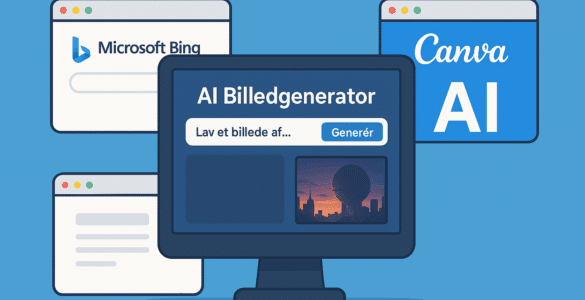 Illustration af en computerskærm med en AI billedgenerator og browserfaner for Microsoft Bing og Canva AI, der symboliserer værktøjer til at lave AI-genererede billeder.